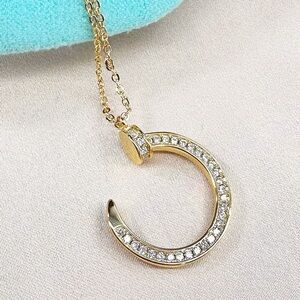 💎18k LUXURY NAIL Necklace Round Screw Pave Stones Gold Plated, 18” Chain